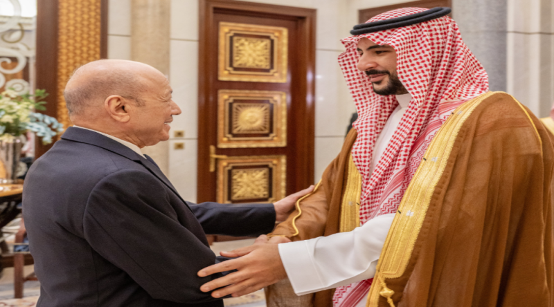 العليمي يلتقي وزير الدفاع السعودي لبحث تطورات حضرموت والمهرة