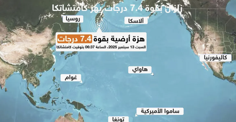 زلزال بقوة 7.4 درجة قرب ساحل كامتشاتكا ولا خطر من تسونامي